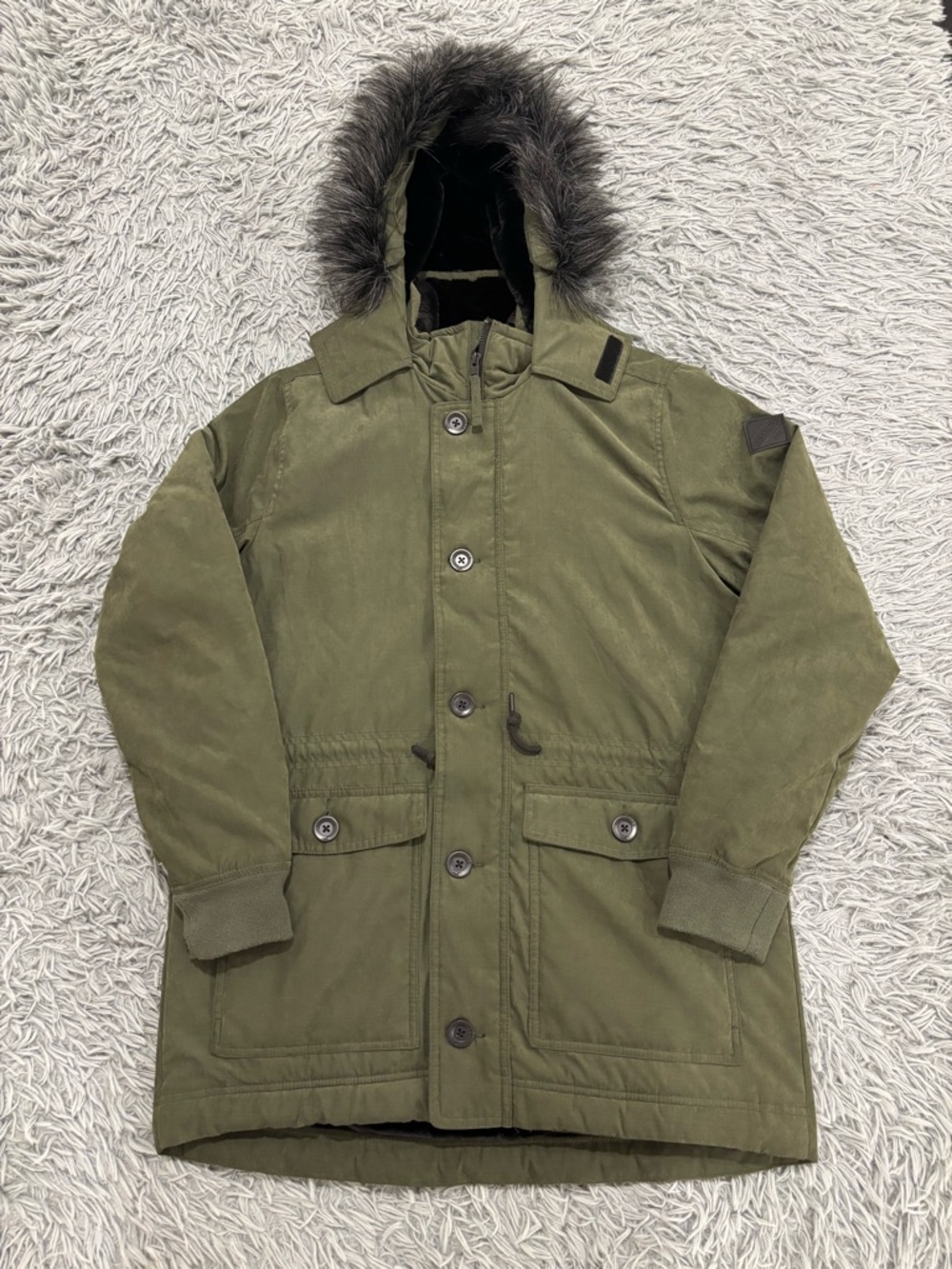 VTG Hollister Mens Green Faux Fur Lined Heavy Fur Hooded Parka Jacket Medium Y2K